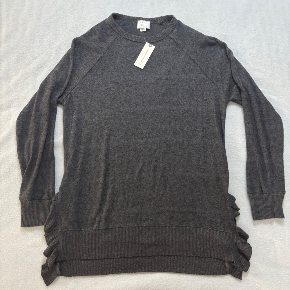 Anthropologie 9-HIS STCL Gray Ruffle Side Knit Top Long Sleeve Crew Neck XS NEW